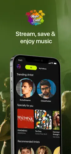 Music Coast app screen showing trending artists and recommended music.